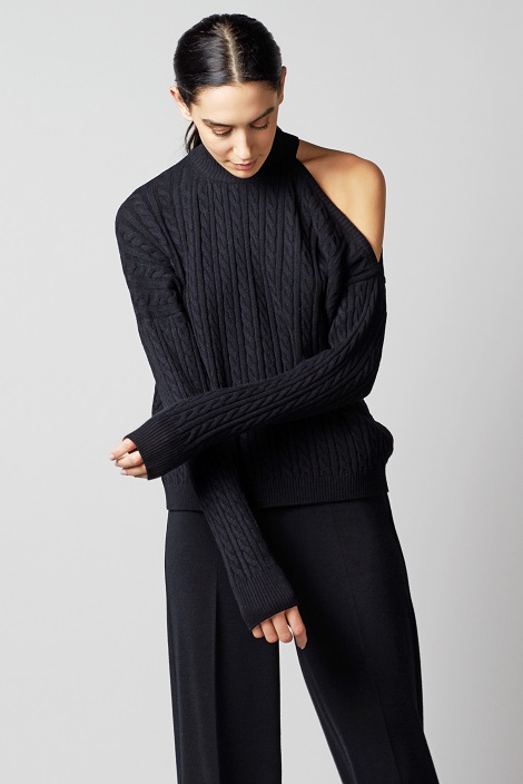 Cable knit half mock neck sweater in viscose and 2-ply wool